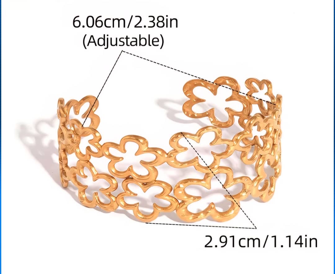 Bracelet Manchette "Marguerite" Fleurs Ajourées Acier Inoxydable