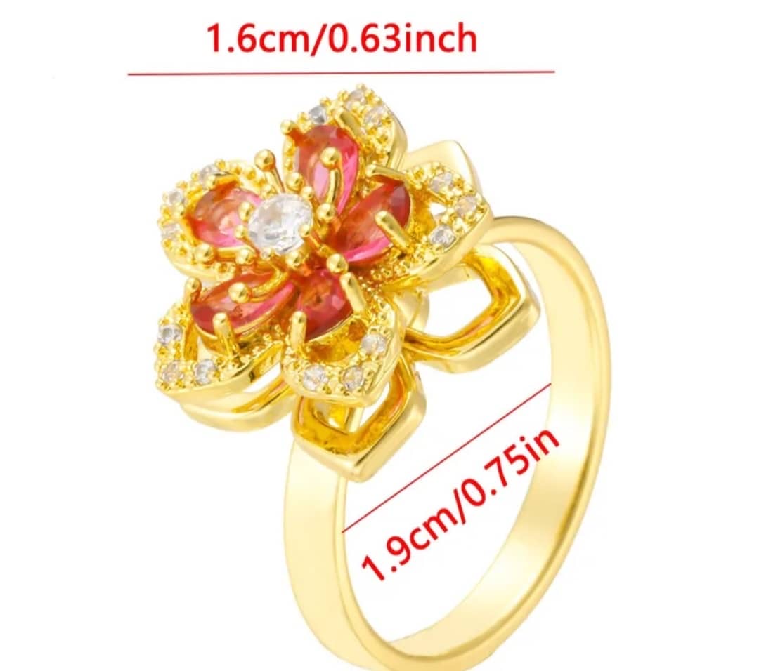 Bague Anti-Stress "Hibiscus" Fleur Tournante Cristaux Roses