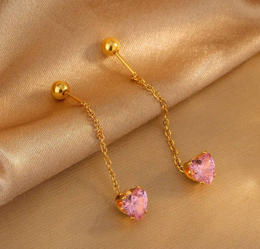 Boucles d'Oreilles "Cristal" Pendantes Cœur Rose