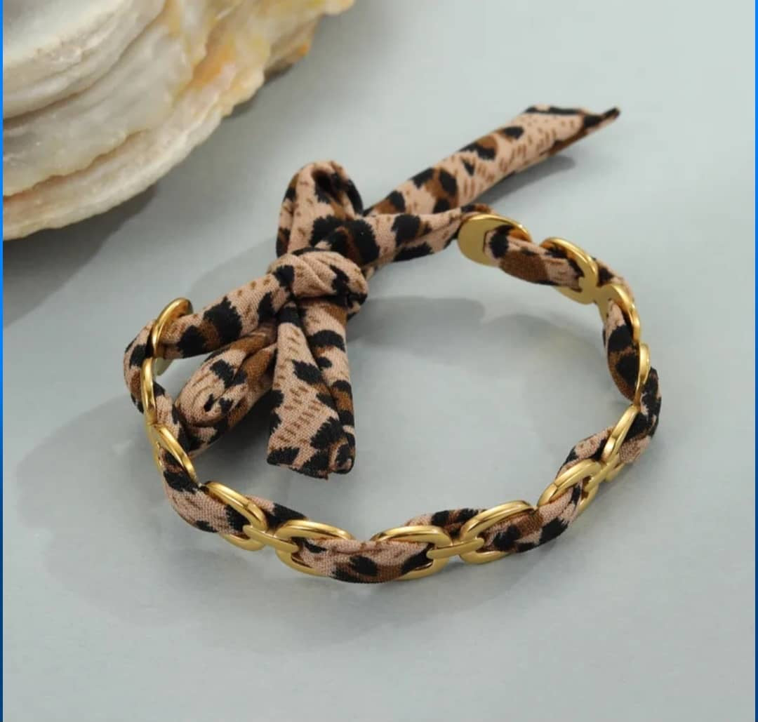 Bracelet "Jonc Léopard" Chaîne Tressée Tissu Léopard
