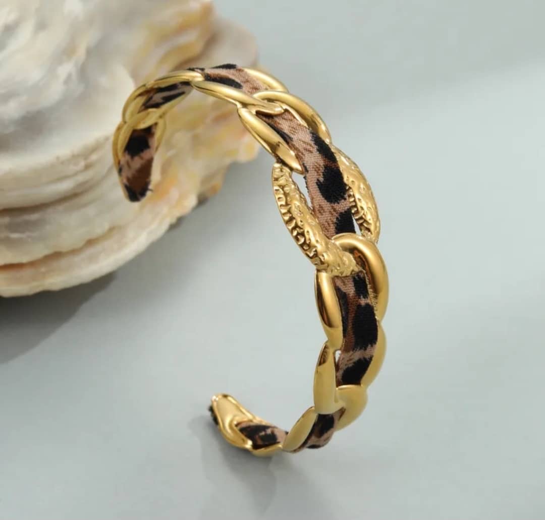 Bracelet Jonc "Fauve" Torsadé Tissu Léopard – Acier Inoxydable