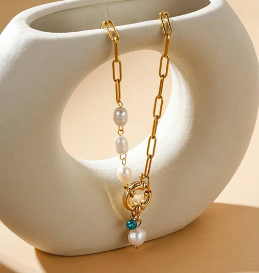 Collier "Corail" Perles d'Eau Douce et Pierre Turquoise