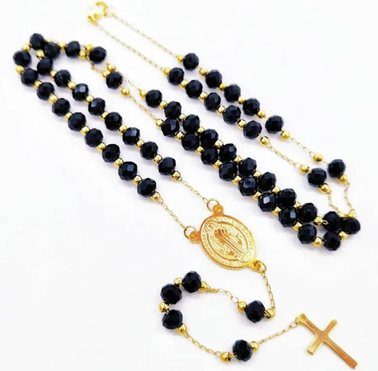 "Le Chapelet" Perles de Cristal Noir 6mm et Croix