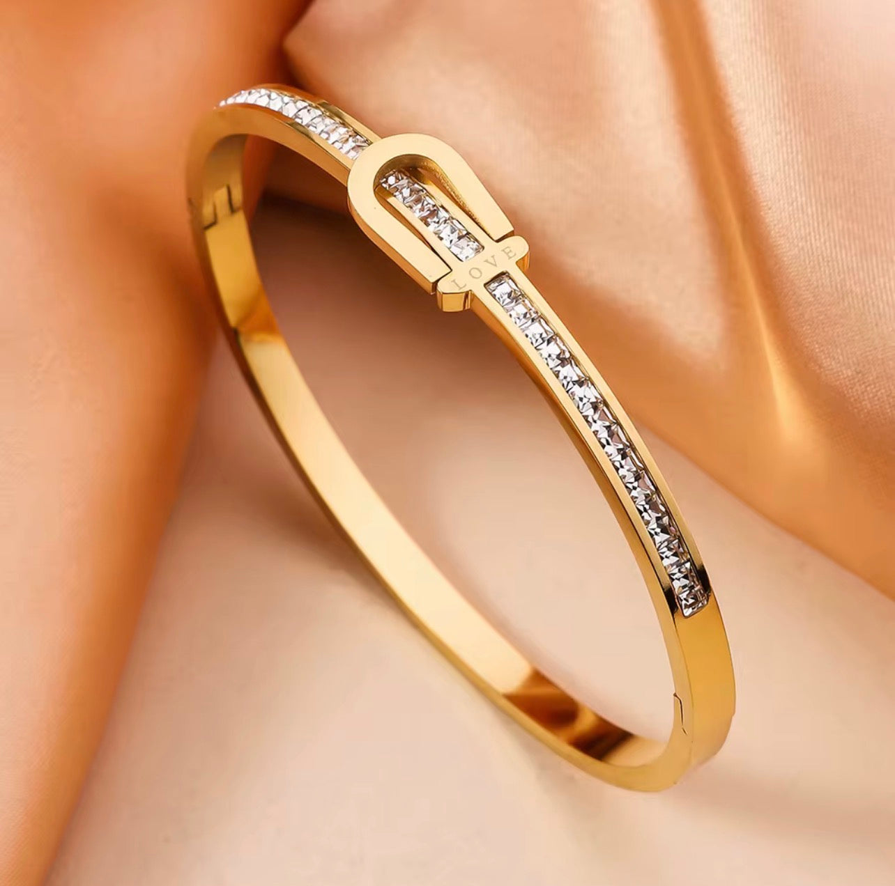 Bracelet Jonc "Boucle d'Or" Fermoir Étrier et Rivière de Strass