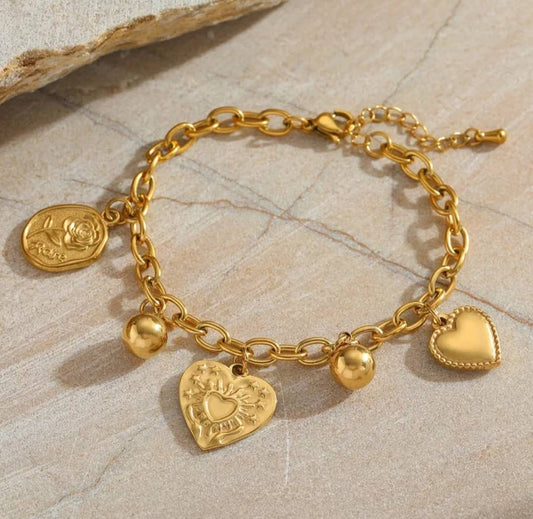Bracelet "Méli-Mélo" Chaîne à Breloques Cœur et Rose