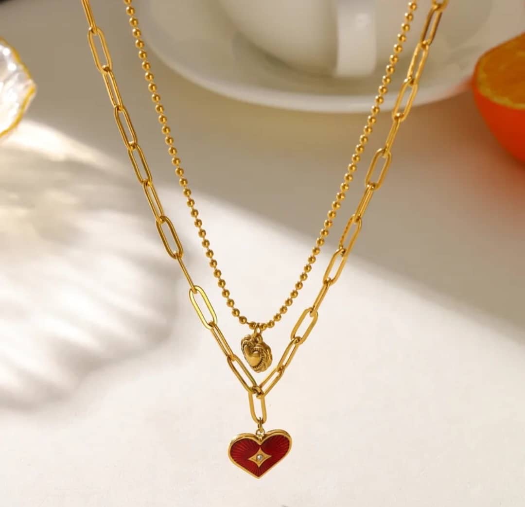 Collier "Rouge Passion" Double Rang Cœur Émaillé Rouge Acier Inoxydable
