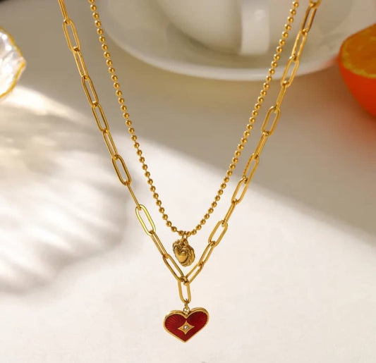 Collier "Rouge Passion" Double Rang Cœur Émaillé Rouge Acier Inoxydable