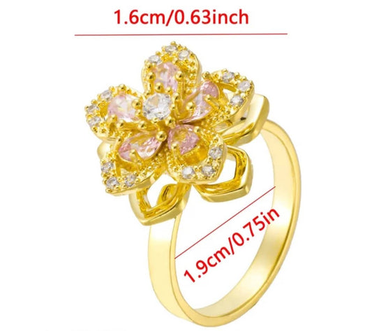 Bague Anti-Stress "Sakura" Fleur Tournante Cristaux Roses